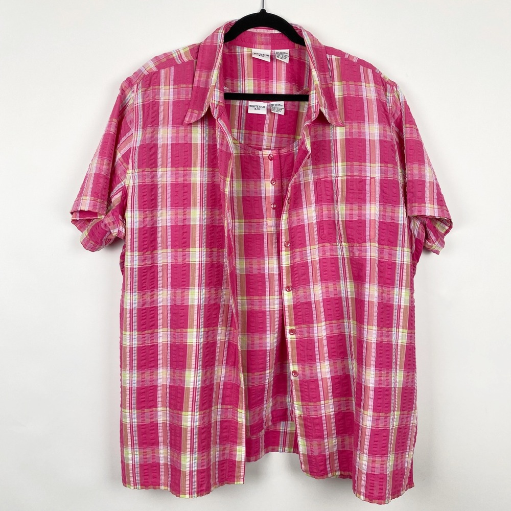 Whitefish Bay Plaid Seersucker 2pc Button Down Shirt Tank Set‎ Womens 22W Plus